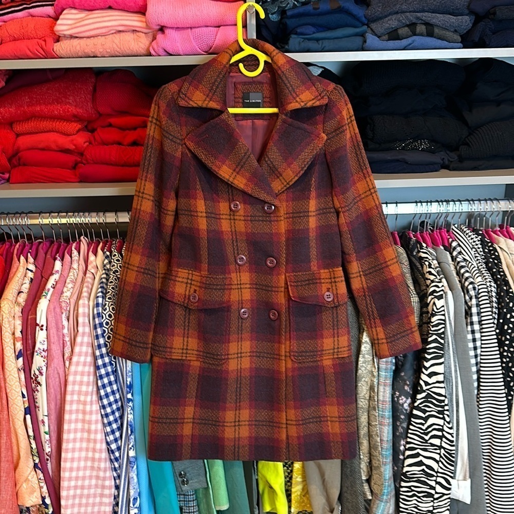 The Limited orange/navy/maroon plaid double breasted knee length coat size XS
